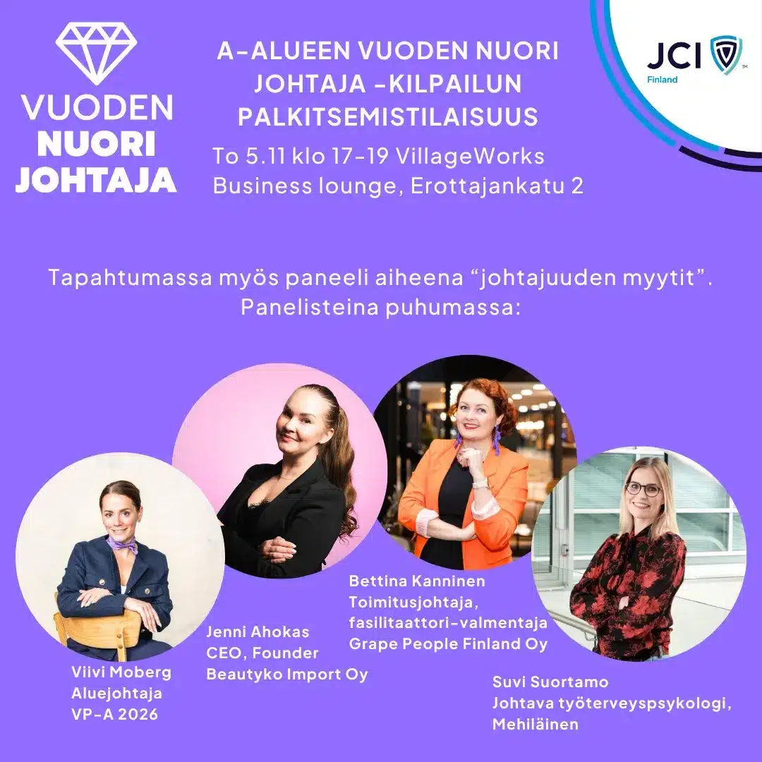 A-alueen Vuoden Nuori Johtaja -kilpailun palkitsemistilaisuus TO 5.11. klo 17-19.